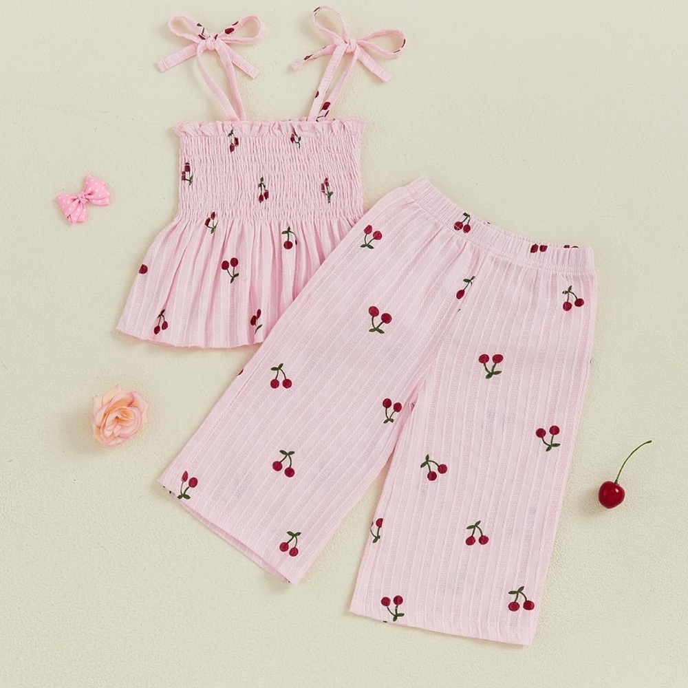 Toddler Girl Cherry Print Tie-Up Spaghetti Strap Sleeveless Tank Tops Pants Pink